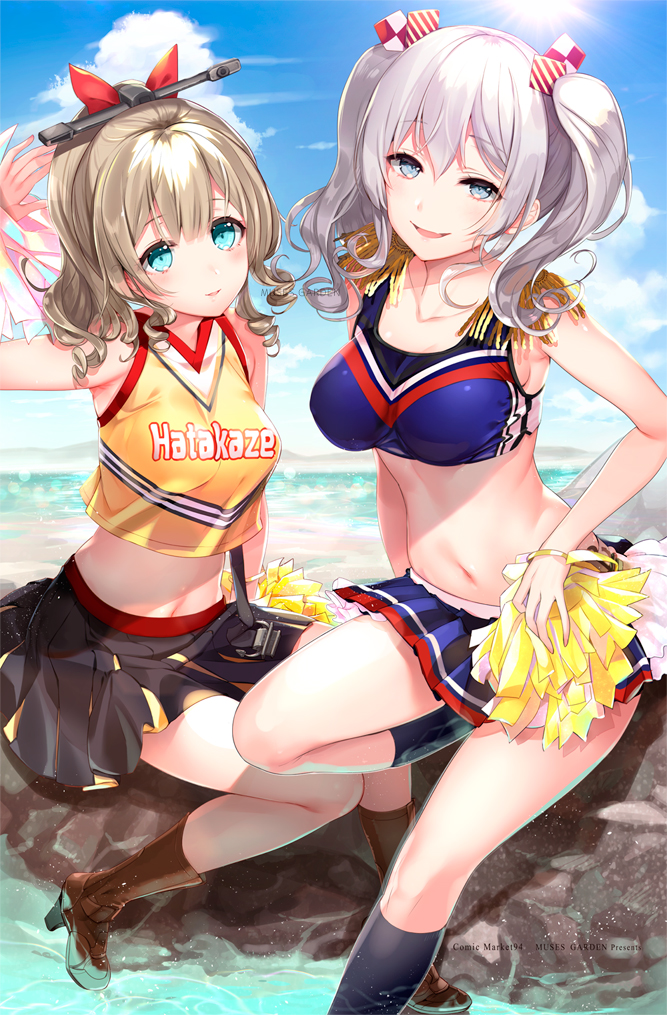 2girls :d alternate_costume armpits black_legwear blonde_hair blue_eyes blue_sky blush boots bow breasts brown_footwear character_name cheerleader cleavage clouds collarbone commentary_request crop_top crop_top_overhang cross-laced_footwear day drill_hair epaulettes hair_between_eyes hair_bow hair_ornament hair_ribbon hand_up hatakaze_(kantai_collection) hayakawa_akari high_heel_boots high_heels kantai_collection kashima_(kantai_collection) knee_boots kneehighs lace-up_boots large_breasts long_hair looking_at_viewer medium_breasts midriff miniskirt multiple_girls navel ocean open_mouth outdoors pleated_skirt pom_poms ponytail ribbon rock sidelocks silver_hair sitting skirt sky smile socks stomach tsurime twintails wavy_hair
