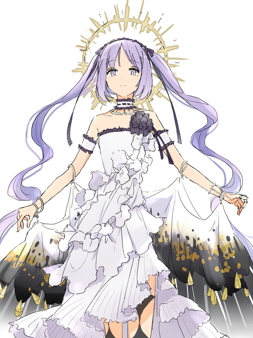 1girl ae20180524 black_ribbon bracelet choker commentary_request dress fate/grand_order fate/hollow_ataraxia fate_(series) frilled_dress frills frown hairband halo highres jewelry lolita_hairband long_hair looking_at_viewer purple_hair ribbon solo stheno strapless strapless_dress twintails veil very_long_hair violet_eyes white_background white_dress