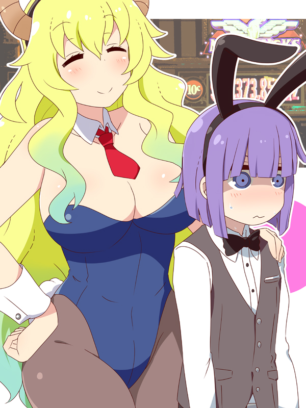 1boy 1girl age_difference animal_ears bare_shoulders black_leotard black_ribbon blonde_hair blush bow bowtie breasts brown_legwear bunny_tail bunnysuit casino cleavage closed_eyes detached_collar dragon_girl dragon_horns fake_animal_ears formal gradient_hair gudon_(iukhzl) horns huge_breasts kobayashi-san_chi_no_maidragon leotard long_hair long_sleeves magatsuchi_shouta multicolored_hair neck_ribbon necktie pants pantyhose purple_hair quetzalcoatl_(maidragon) rabbit_ears red_neckwear ribbon shirt short_hair slot_machine smile strapless strapless_leotard suit sweatdrop tail trembling vest violet_eyes wavy_hair white_shirt