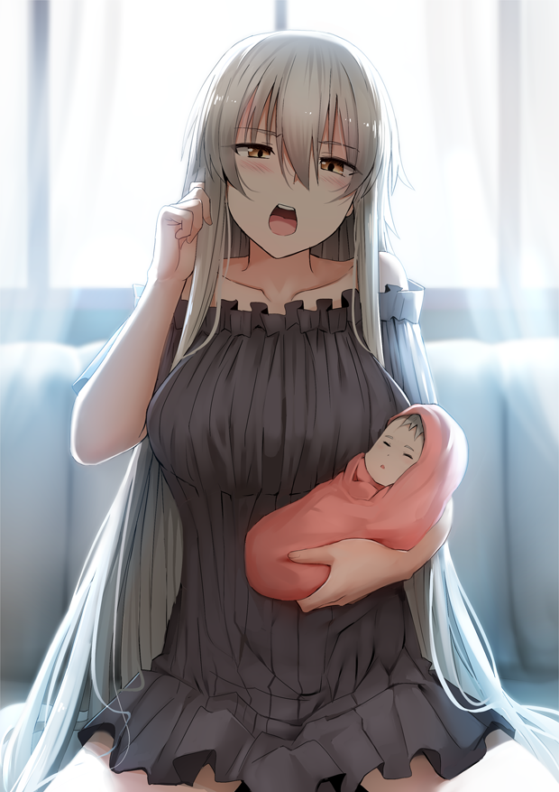 1boy 1girl baby backlighting bangs bare_shoulders black_dress blush breasts closed_eyes collarbone commentary couch curtains day dress eyebrows_visible_through_hair fate/apocrypha fate_(series) frilled_dress frills ginhaha grey_hair hair_between_eyes half-closed_eyes hand_up head_tilt holding_baby indoors jeanne_d'arc_(alter)_(fate) jeanne_d'arc_(fate)_(all) large_breasts long_hair looking_at_viewer mother_and_son off-shoulder_dress off_shoulder on_couch open_mouth shiny shiny_hair short_dress sidelocks sitting sunlight upper_teeth very_long_hair window yellow_eyes