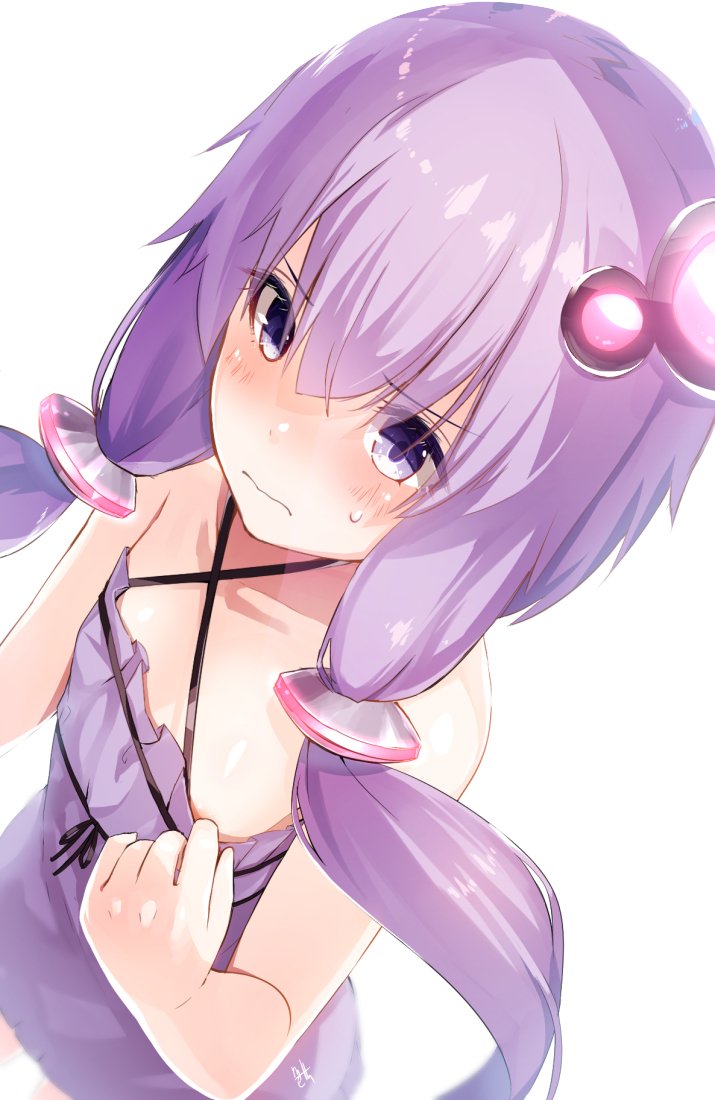 1girl blush breasts dress hair_between_eyes hair_ornament meth_(emethmeth) purple_dress purple_hair sidelocks small_breasts solo sweatdrop violet_eyes voiceroid yuzuki_yukari