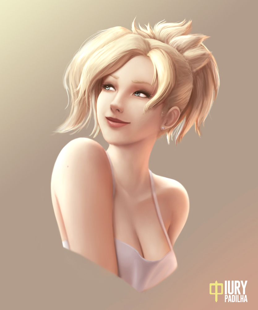 1girl bare_shoulders blonde_hair blue_eyes breasts brown_background casual cleavage collarbone earrings eyelashes gradient gradient_background high_ponytail iury_padilha jewelry lavender_shirt lips looking_to_the_side medium_breasts mercy_(overwatch) mole no_wings nose overwatch portrait red_lips shirt short_hair sleeveless sleeveless_shirt smile solo spaghetti_strap stud_earrings tan_background