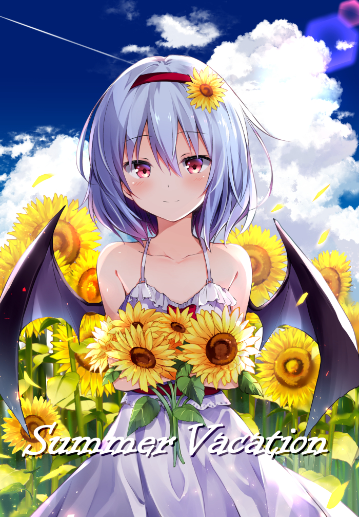 1girl alternate_costume bare_shoulders bat_wings blue_hair blue_sky blush bow clouds collarbone commentary_request day dress eyebrows_visible_through_hair feet_out_of_frame flower frilled_dress frills hair_between_eyes hair_flower hair_ornament hairband holding holding_flower hyurasan lens_flare light_particles looking_at_viewer no_hat no_headwear o-ring outdoors petals red_bow red_eyes red_hairband red_sash remilia_scarlet sash short_hair sky smile solo spaghetti_strap standing sunflower sunflower_hair_ornament touhou white_dress wings