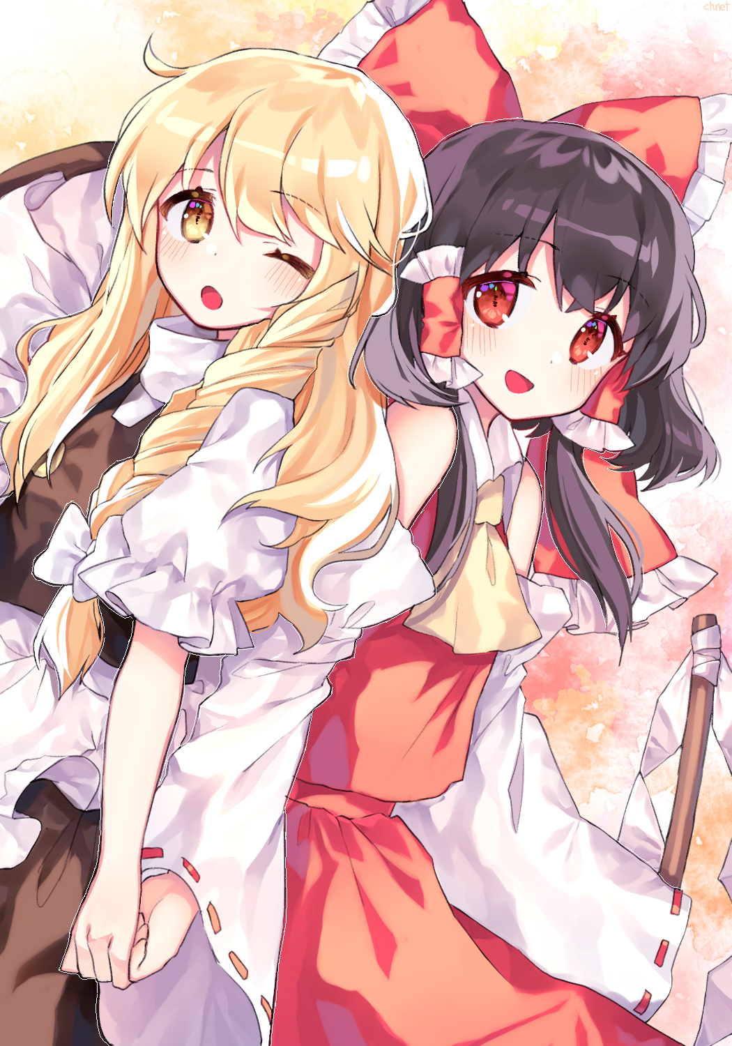 2girls :d ;o ahoge ascot back-to-back black_hair blonde_hair blouse blush bow braid cheunes detached_sleeves frilled_sleeves frills gohei hair_bow hair_ribbon hair_tubes hakurei_reimu hand_holding hat hat_removed headwear_removed highres kirisame_marisa large_bow long_hair multiple_girls one_eye_closed open_mouth puffy_short_sleeves puffy_sleeves red_eyes ribbon ribbon-trimmed_sleeves ribbon_trim short_sleeves side-by-side side_braid single_braid skirt skirt_set smile touhou vest wide_sleeves witch_hat yellow_eyes yuri