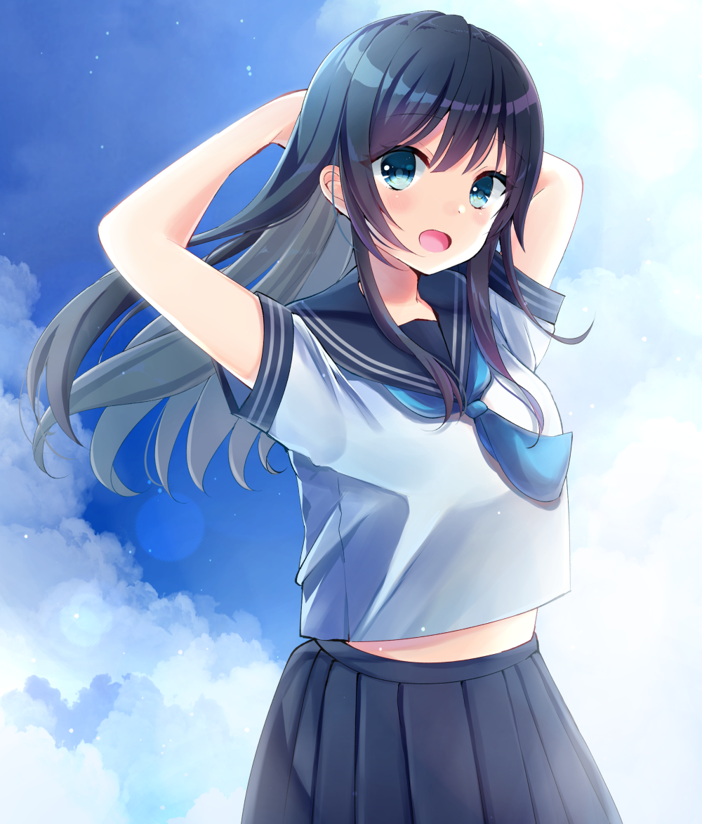 1girl arms_up bangs black_hair black_sailor_collar black_skirt blue_eyes blue_neckwear blue_sky blush clouds cloudy_sky commentary_request day eyebrows_visible_through_hair hair_between_eyes long_hair midriff_peek minami_saki neckerchief original outdoors pleated_skirt sailor_collar school_uniform serafuku shirt short_sleeves skirt sky solo very_long_hair white_shirt