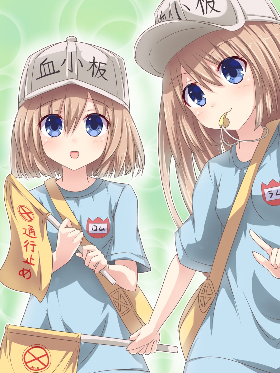 2girls alternate_costume bangs blue_eyes blush breasts brown_hair cosplay eyebrows_visible_through_hair hat hataraku_saibou highres holding kazuneko_(wktk1024) long_hair looking_at_viewer mouth_hold multiple_girls neptune_(series) platelet_(hataraku_saibou) platelet_(hataraku_saibou)_(cosplay) ram_(choujigen_game_neptune) rom_(choujigen_game_neptune) short_hair siblings sisters small_breasts smile twins whistle