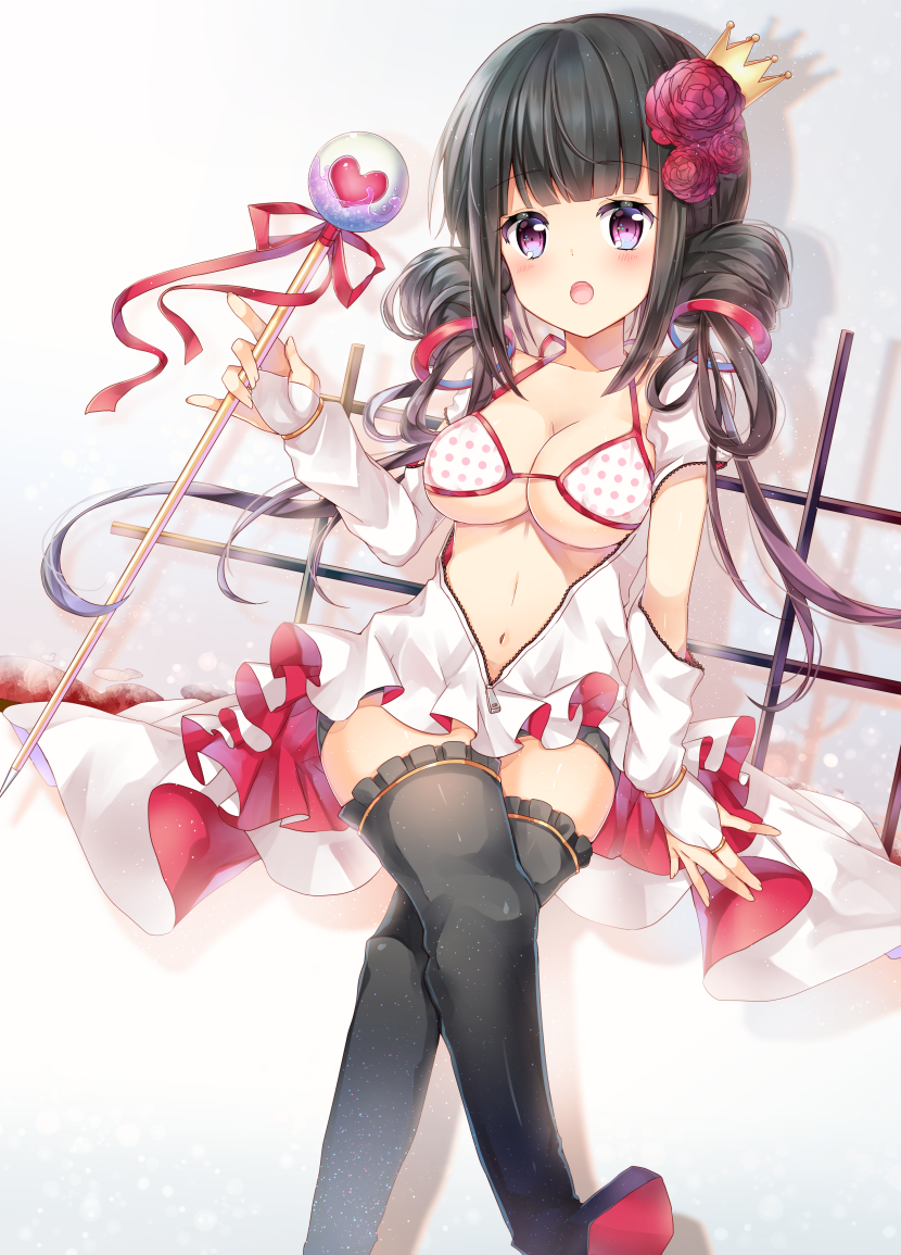 1girl :o bangs bikini_top black_hair black_legwear blunt_bangs blush bridal_gauntlets brown_hair collarbone commentary_request crown dress eyebrows_visible_through_hair fingernails flower frilled_legwear gradient_hair hair_flower hair_ornament hand_up heart holding holding_wand legs_crossed long_hair looking_at_viewer mini_crown multicolored_hair open_mouth original polka_dot polka_dot_bikini_top red_eyes red_flower red_rose rose shikino_(sikinonono) simple_background solo thigh-highs unzipped very_long_hair wand white_bikini_top white_dress