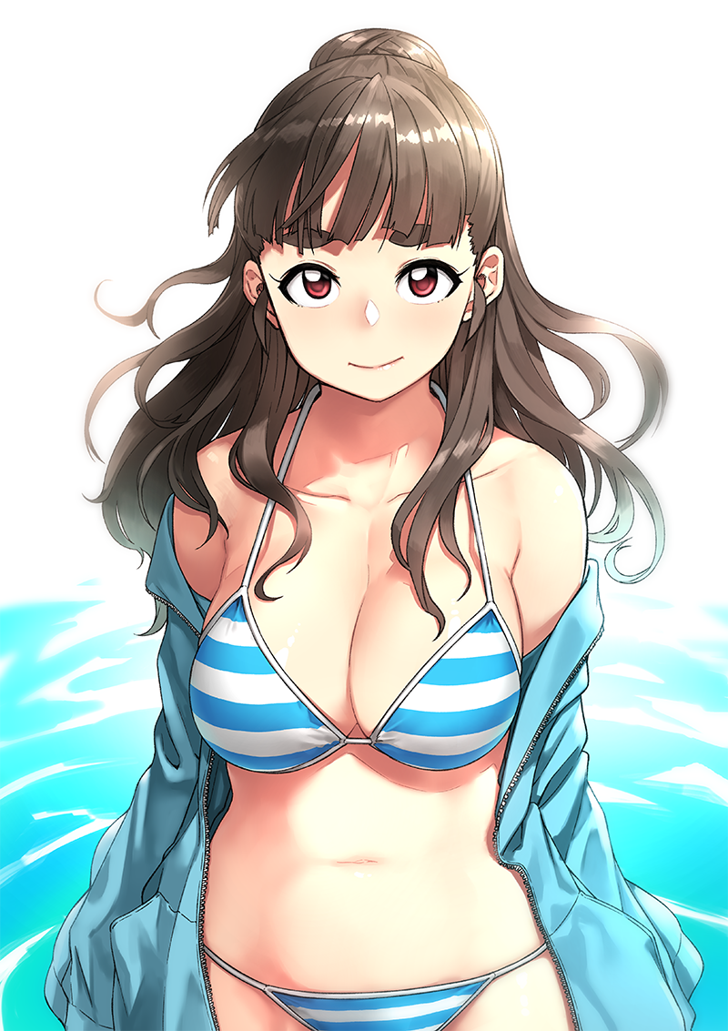 1girl alternate_costume bangs bare_shoulders bikini blunt_bangs breasts brown_hair cleavage collarbone commentary_request eyebrows hair_bun idolmaster idolmaster_cinderella_girls jacket kamiya_nao large_breasts long_hair looking_at_viewer midriff navel off_shoulder open_clothes open_jacket outdoors partially_submerged smile solo standing striped striped_bikini swimsuit tachibana_roku thick_eyebrows wading water wavy_hair