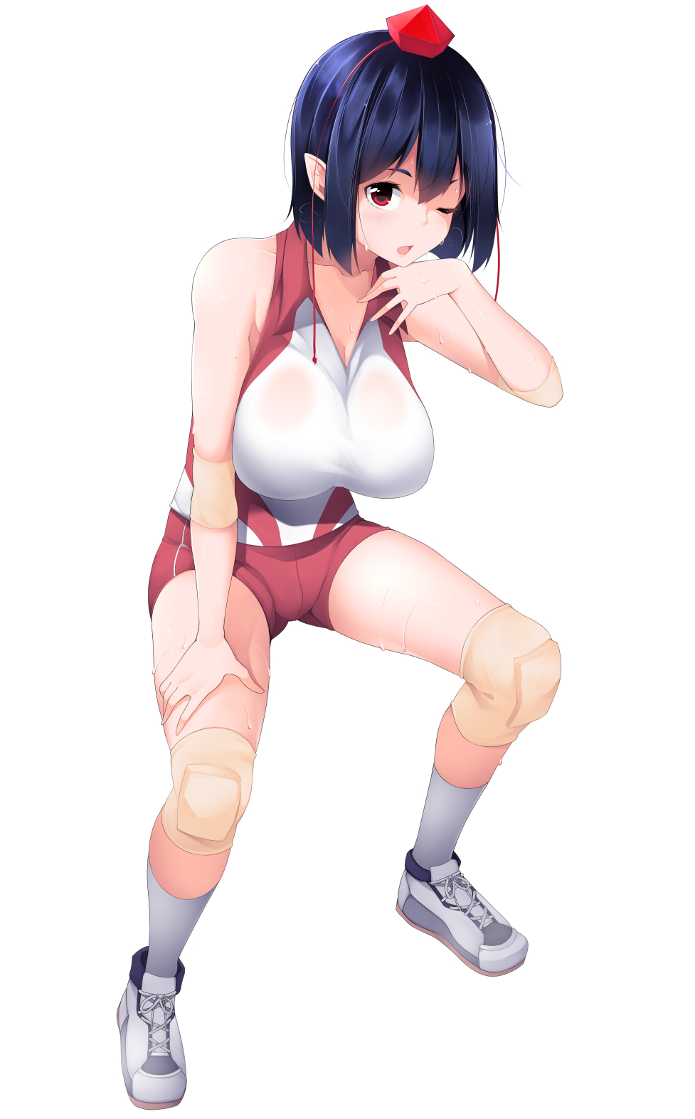 1girl alternate_costume black_hair breasts commentary_request contemporary elbow_pads full_body gym_shirt gym_shorts gym_uniform hat highres impossible_clothes knee_pads large_breasts leaning_forward looking_at_viewer one_eye_closed pointy_ears pom_pom_(clothes) red_eyes red_shorts shachi_kamaboko shameimaru_aya shirt shoes short_hair short_shorts shorts simple_background sleeveless sleeveless_shirt sneakers sportswear sweat thighs tokin_hat touhou volleyball volleyball_uniform