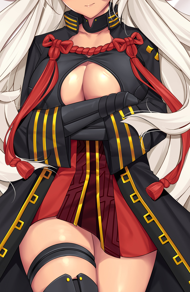 1girl arms_under_breasts black_coat breasts cleavage_cutout collarbone crossed_arms dakimakura dark_skin fate/grand_order fate_(series) large_breasts long_hair okita_souji_(alter)_(fate) okita_souji_(fate)_(all) out_of_frame solo tassel thigh_strap tony_guisado very_long_hair white_hair