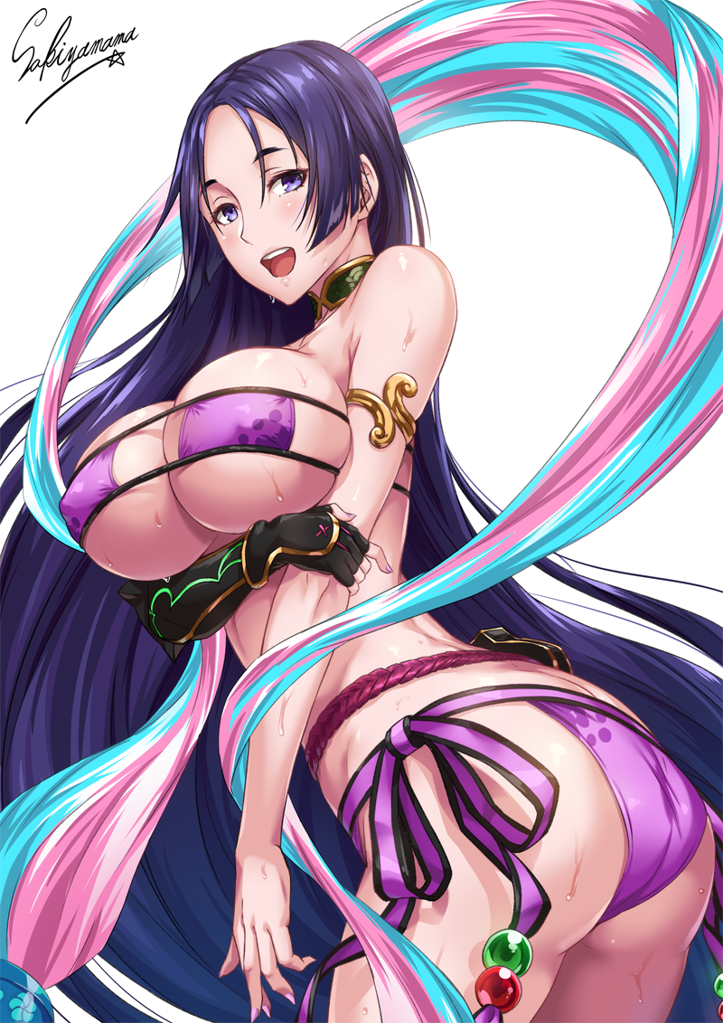 1girl arm_guards armlet artist_name ass back bangs bare_arms bare_shoulders beads bikini black_gloves breast_hold breasts choker clouds collarbone commentary_request curvy day elbow_gloves erect_nipples eyepatch_bikini fate/grand_order fate_(series) fingerless_gloves gloves happy hips huge_ass large_breasts long_hair looking_to_the_side minamoto_no_raikou_(fate/grand_order) minamoto_no_raikou_(swimsuit_lancer)_(fate) nail_polish open_mouth parted_bangs pink_nails pouch purple_bikini purple_hair rope sakiyamama sash side-tie_bikini signature simple_background single_glove sky smile solo swimsuit teeth thick_thighs thighs tongue very_long_hair violet_eyes waist wet white_background wide_hips