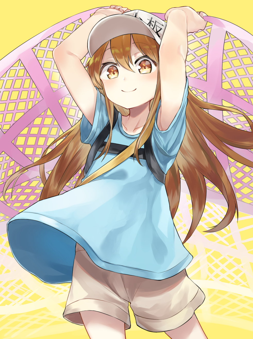 1girl arms_up blue_shirt blush brown_eyes brown_hair collarbone flat_cap hat hataraku_saibou highres long_hair looking_at_viewer platelet_(hataraku_saibou) rice_(okome_no_naru_ki) shirt shorts smile solo wind wind_lift