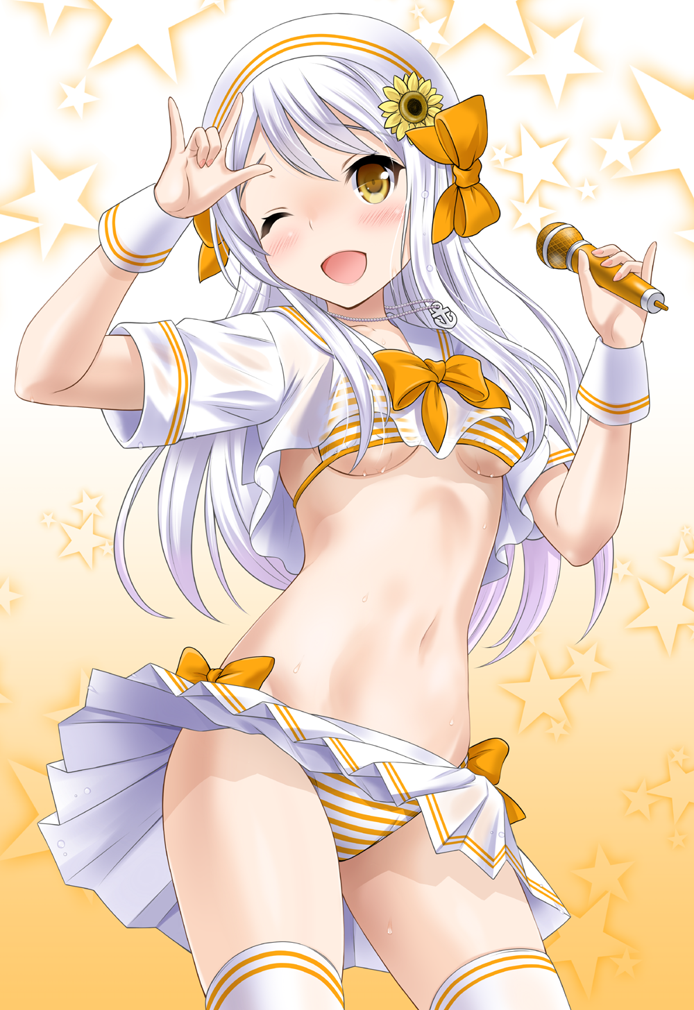 1girl ;d \m/ arm_up bangs beret bikini bikini_under_clothes blush bow breasts brown_eyes collarbone commentary_request crop_top eve_santaclaus eyebrows_visible_through_hair fingernails flower hair_between_eyes hair_flower hair_ornament hat head_tilt highres holding holding_microphone idolmaster idolmaster_cinderella_girls idolmaster_cinderella_girls_starlight_stage jewelry long_hair medium_breasts microphone nail_polish navel neko_danshaku one_eye_closed open_mouth orange_bow pendant pink_nails pleated_skirt sailor_collar school_uniform see-through serafuku shirt short_sleeves silver_hair skirt smile solo star starry_background striped striped_bikini swimsuit thigh-highs very_long_hair white_hat white_legwear white_sailor_collar white_shirt white_skirt wrist_cuffs yellow_flower