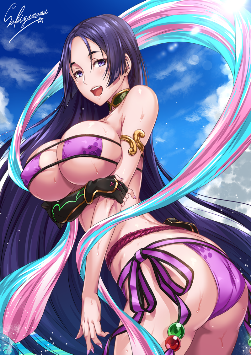 1girl arm_guards armlet artist_name ass back bangs bare_arms bare_shoulders beads bikini black_gloves blue_sky breast_hold breasts choker clouds cloudy_sky collarbone commentary_request curvy day elbow_gloves erect_nipples eyepatch_bikini fate/grand_order fate_(series) fingerless_gloves gloves gold_trim happy hips huge_ass large_breasts long_hair looking_at_viewer looking_to_the_side minamoto_no_raikou_(fate/grand_order) minamoto_no_raikou_(swimsuit_lancer)_(fate) nail_polish open_mouth outdoors parted_bangs pink_nails pouch purple_bikini purple_hair rope sakiyamama sash side-tie_bikini signature single_glove sky smile solo swimsuit teeth thick_thighs thighs tongue very_long_hair violet_eyes waist wet wide_hips