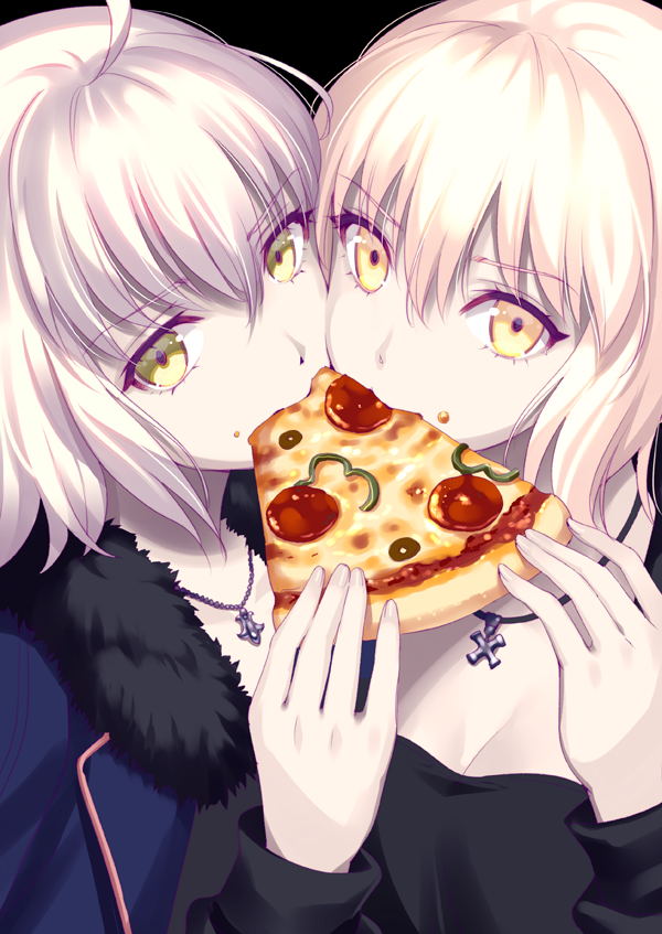 2girls ahoge artoria_pendragon_(all) bangs black_dress blonde_hair blue_jacket breasts cheek-to-cheek cleavage commentary_request dress eating eyebrows_visible_through_hair fate/grand_order fate/stay_night fate_(series) food food_on_face fur-trimmed_jacket fur_trim green_eyes hair_between_eyes hand_up jacket jeanne_d'arc_(alter)_(fate) jeanne_d'arc_(fate)_(all) jewelry long_sleeves medium_breasts multiple_girls nishimura_eri open_clothes open_jacket pendant pizza saber_alter shared_food silver_hair slice_of_pizza wicked_dragon_witch_ver._shinjuku_1999 yellow_eyes