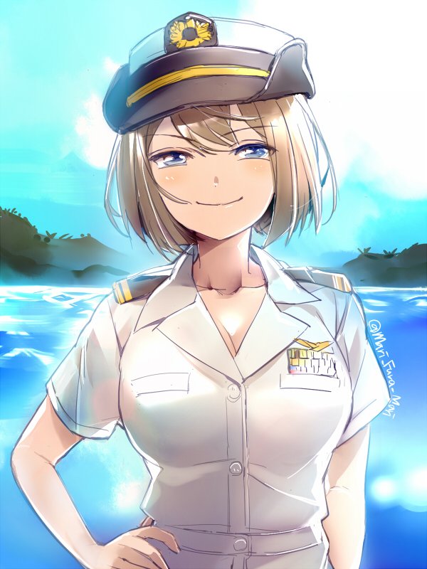 1girl alternate_costume blue_eyes breasts brown_hair cleavage grin hand_on_hip hat japan_maritime_self-defense_force japan_self-defense_force kantai_collection large_breasts maya_(kantai_collection) military military_hat military_uniform primary_stage short_hair short_sleeves smile solo twitter_username uniform upper_body