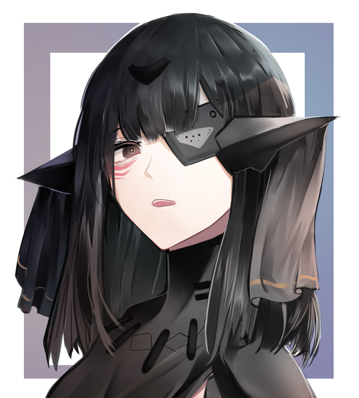 1girl android bags_under_eyes black_hair brown_eyes cizzi eyepatch girls_frontline hair_ribbon headgear one_eye_covered ribbon science_fiction skinsuit