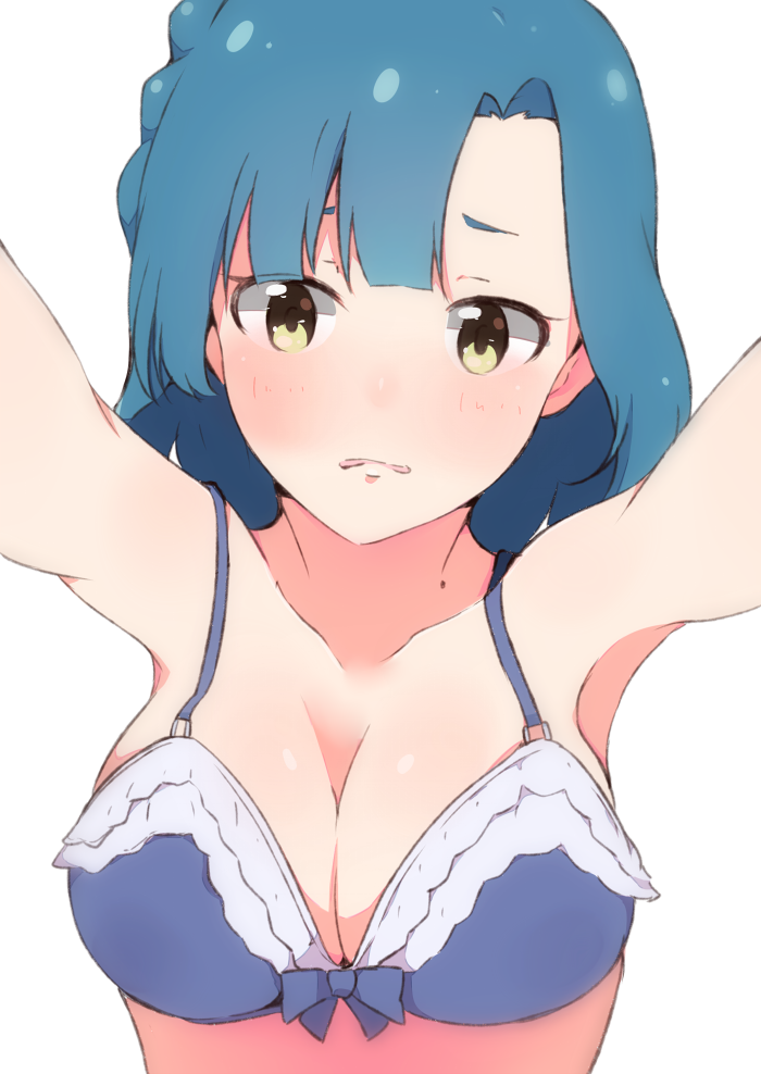 1girl bangs bare_shoulders blue_bra blue_hair blush bow bow_bra bra braid breasts cleavage collarbone enelis green_eyes idolmaster idolmaster_million_live! idolmaster_million_live!_theater_days long_hair looking_at_viewer medium_breasts nanao_yuriko outstretched_arms parted_lips simple_background solo underwear underwear_only white_background