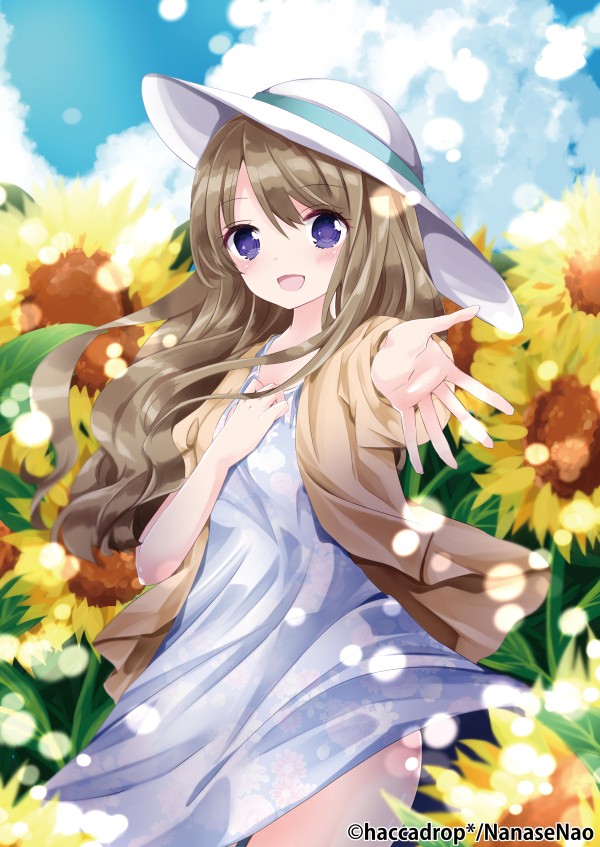 1girl :d artist_name bangs blue_dress blue_sky blurry blurry_foreground blush brown_hair brown_jacket clouds cloudy_sky commentary_request day depth_of_field dress eyebrows_visible_through_hair field floral_print flower flower_field hair_between_eyes hand_up hat jacket long_hair nanase_nao official_art open_clothes open_jacket open_mouth original outdoors outstretched_arm print_dress puffy_short_sleeves puffy_sleeves short_sleeves sky smile solo sun_hat sunflower very_long_hair violet_eyes watermark white_hat yellow_flower