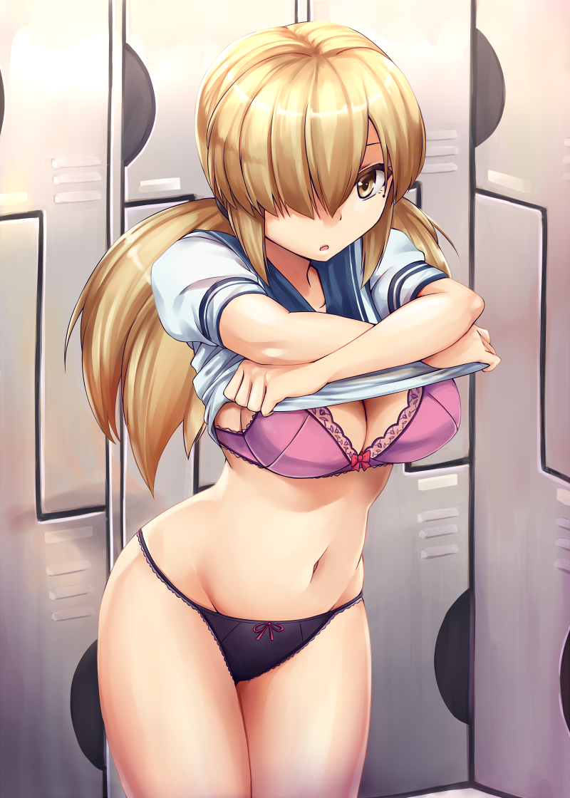 1girl bangs black_panties blonde_hair blouse bow bow_bra bow_panties bra breasts cleavage commentary_request cowboy_shot derivative_work hair_over_one_eye hair_tie indoors lace lace-trimmed_bra lace-trimmed_panties large_breasts leaning_forward light_brown_eyes locker locker_room long_hair looking_at_viewer medium_breasts navel no_pants open_mouth panties photokano purple_bra rixch school_uniform short_sleeves solo standing string_panties twintails uchida_yuuko underwear undressing white_blouse