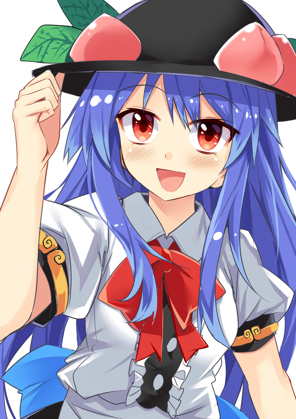 1girl :d black_hat blouse blue_bow blue_hair blush bow bowtie breasts center_frills commentary_request e.o. food frills fruit hand_up hat highres hinanawi_tenshi leaf looking_at_viewer medium_breasts open_mouth peach puffy_short_sleeves puffy_sleeves red_bow red_eyes red_neckwear shiny shiny_hair short_sleeves sidelocks simple_background smile solo thumbs_up touhou upper_body white_background white_blouse