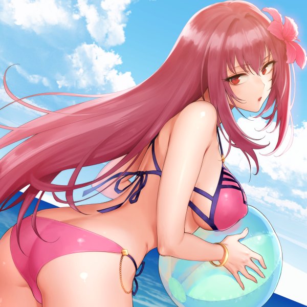 1girl an ass back bangs bare_shoulders beach beachball bikini blue_sky bracelet breasts fate/grand_order fate_(series) flower hair_between_eyes hair_flower hair_intakes hair_ornament hibiscus jewelry large_breasts long_hair looking_at_viewer looking_back open_mouth pink_bikini purple_hair red_eyes scathach_(fate)_(all) scathach_(fate/grand_order) scathach_(swimsuit_assassin)_(fate) shoukaki_(earthean) sky solo swimsuit waist