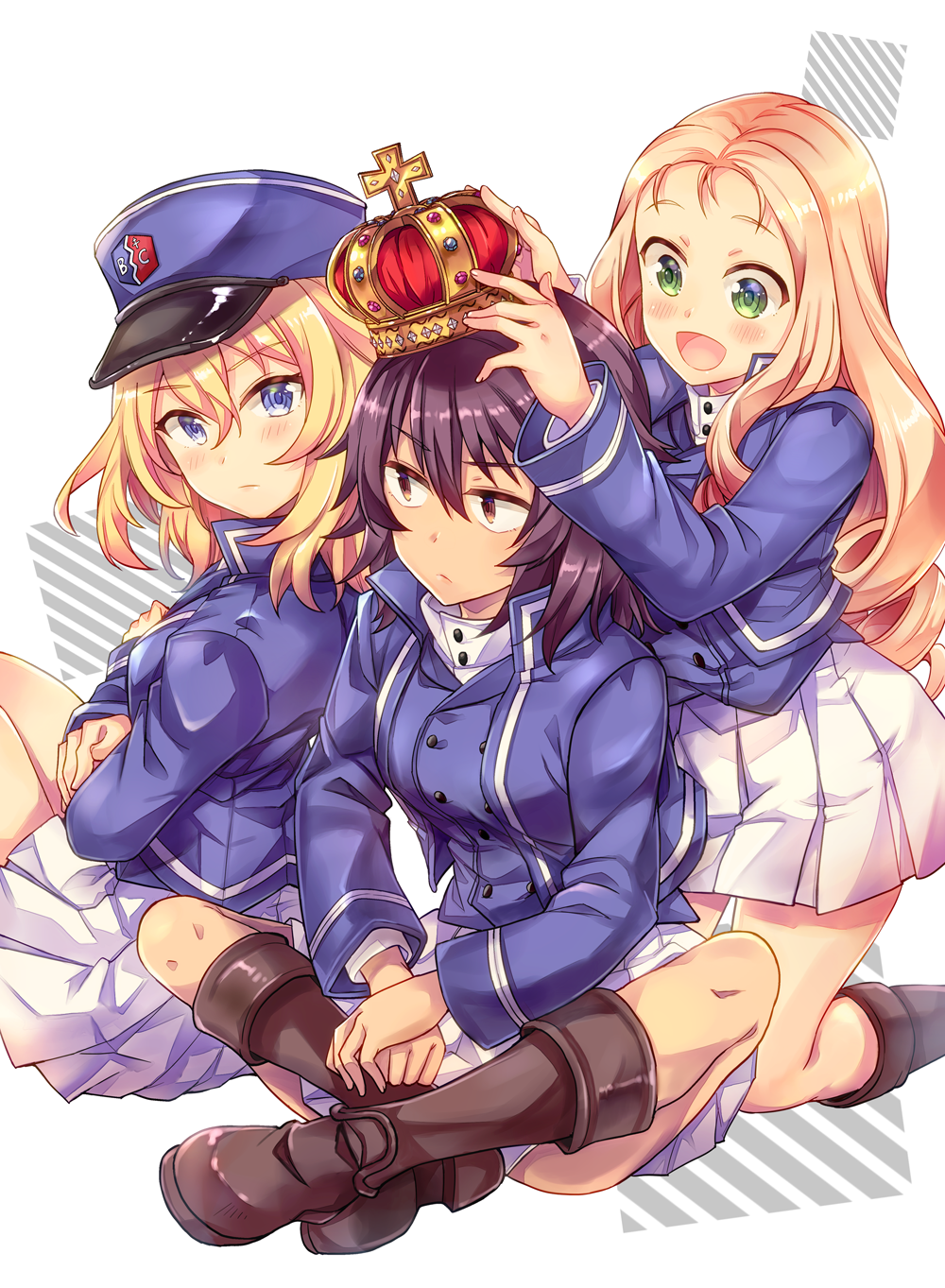 3girls :d andou_(girls_und_panzer) bangs bc_freedom_military_uniform black_footwear black_hair blonde_hair blue_eyes blue_jacket blue_vest blush boots brown_eyes closed_mouth commentary_request crossed_arms crown dark_skin dress_shirt drill_hair eyebrows_visible_through_hair from_side frown girls_und_panzer green_eyes hands_on_another's_head high_collar highres indian_style jacket knee_boots kneeling light_frown long_hair long_sleeves looking_at_another looking_back marie_(girls_und_panzer) medium_hair messy_hair military military_uniform miniskirt multiple_girls open_mouth oshida_(girls_und_panzer) pleated_skirt shirt sitting skirt smile takitarou uniform vest white_shirt white_skirt