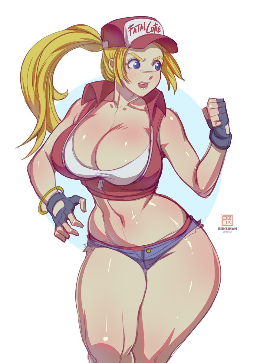 1girl bare_legs bare_shoulders black_gloves blonde_hair blue_eyes bokuman bracelet breasts cleavage clenched_hands collarbone collared_jacket crop_top cropped_jacket curvy denim denim_shorts fingerless_gloves genderswap genderswap_(mtf) gloves hand_up hat highres jacket jewelry large_breasts long_hair looking_to_the_side navel open_mouth panties ponytail red_hat red_jacket red_panties shirt short_shorts shorts snk snk_heroines:_tag_team_frenzy solo taut_clothes taut_shirt terry_bogard the_king_of_fighters thick_thighs thighs underwear unzipped waist