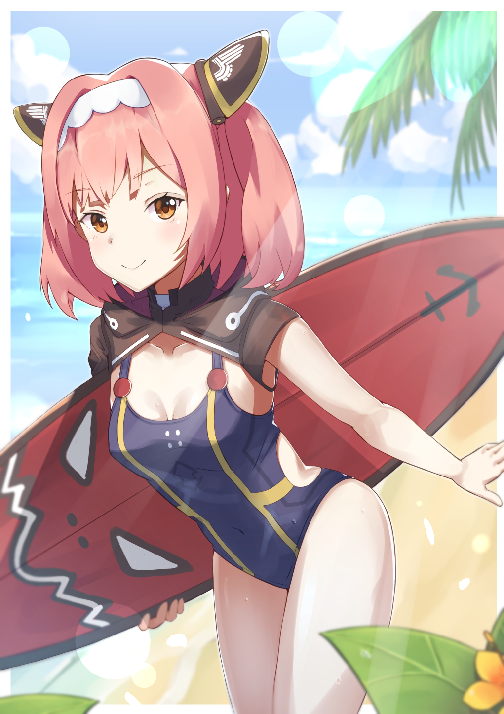 1girl azur_lane beach breasts cleavage clouds collarbone hair_ornament headband highres holding_object kusubii leaf lens_flare looking_at_viewer ocean palm_tree pink_hair plant short_hair small_breasts smile summer surfboard swimsuit tree u-81_(azur_lane) yellow_eyes