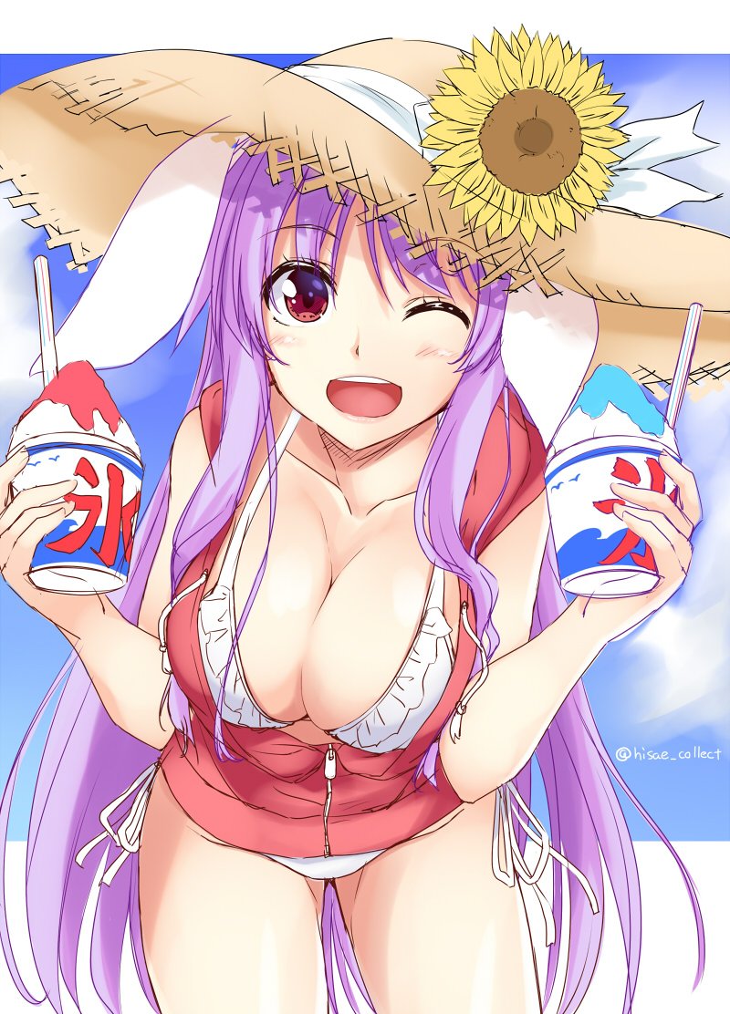 1girl ;d animal_ears artist_name bangs bare_arms bare_shoulders bikini blush breasts brown_hat collarbone commentary_request cowboy_shot eyebrows_visible_through_hair eyebrows_visible_through_hat flower food frilled_bikini frills halterneck hands_up hat hat_flower hat_ribbon holding holding_food hood hooded_jacket jacket kue large_breasts leaning_forward long_hair looking_at_viewer one_eye_closed open_mouth purple_hair rabbit_ears red_eyes red_jacket reisen_udongein_inaba ribbon shaved_ice shiny shiny_skin side-tie_bikini sidelocks sketch sleeveless_jacket smile solo standing sun_hat sunflower swimsuit thighs touhou twitter_username very_long_hair white_bikini white_ribbon zipper