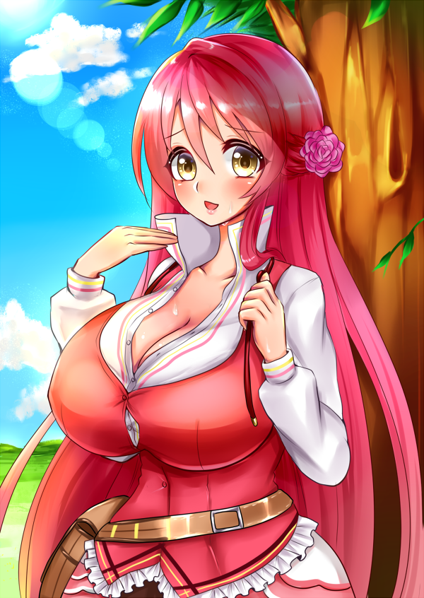1girl ao_(ao_10bx) bag blush breasts cleavage clouds day flower flower_knight_girl geranium_(flower_knight_girl) hair_flower hair_ornament half_updo huge_breasts long_hair looking_at_viewer outdoors redhead shirt sky smile solo sweat tree upper_body white_shirt yellow_eyes