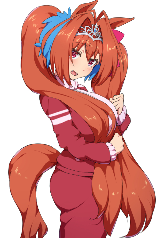 1girl animal_ears blush breasts brown_hair clenched_hand daiwa_scarlet fang hair_intakes horse_ears horse_girl horse_tail large_breasts long_hair looking_at_viewer mdf_an open_mouth pants red_eyes smile solo standing tail tiara track_pants twintails umamusume very_long_hair