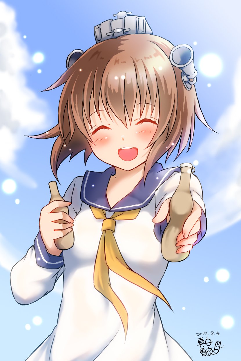 0yukiya0 1girl artist_logo bangs blue_sailor_collar blue_sky brown_hair closed_eyes clouds commentary_request dated dress facing_viewer headgear highres kantai_collection neckerchief open_mouth papico_(ice_cream) sailor_collar sailor_dress short_hair sky smile solo speaking_tube_headset tupet upper_body upper_teeth yellow_neckwear yukikaze_(kantai_collection)