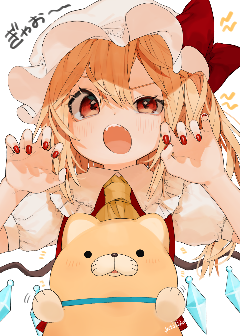 &gt;:o 1girl artist_name ascot blonde_hair blush bow cat claw_pose commentary crystal eyebrows_visible_through_hair fangs flandre_scarlet frilled_shirt_collar frills gotoh510 hair_between_eyes hands_up hat hat_bow highres looking_at_viewer mob_cap nail_polish one_side_up orange_cat puffy_short_sleeves puffy_sleeves red_bow red_eyes red_nails short_sleeves signature simple_background solo touhou translated uneven_eyes upper_body v-shaped_eyebrows white_background white_hat wings yellow_neckwear