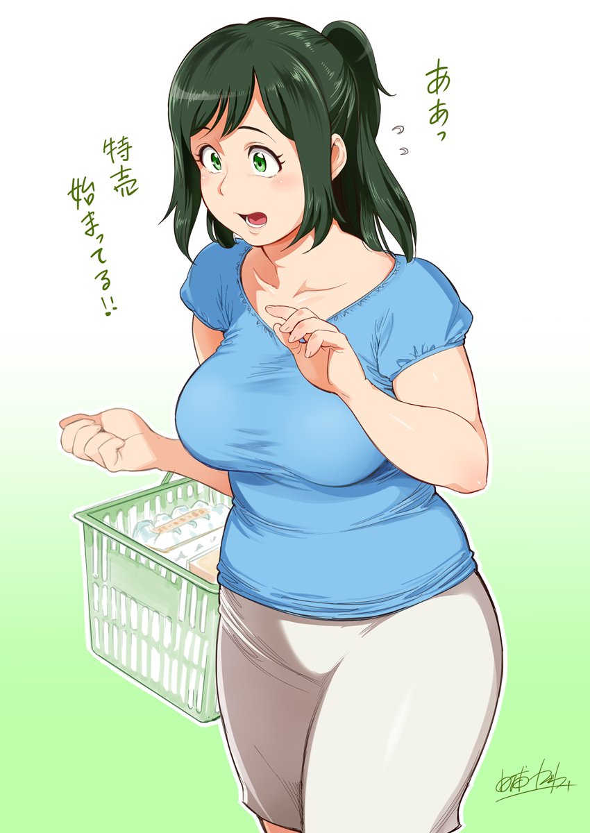 1girl blush boku_no_hero_academia breasts green_eyes green_hair highres large_breasts mature midoriya_inko open_mouth plump ponytail shopping_basket skirt solo standing yosiura