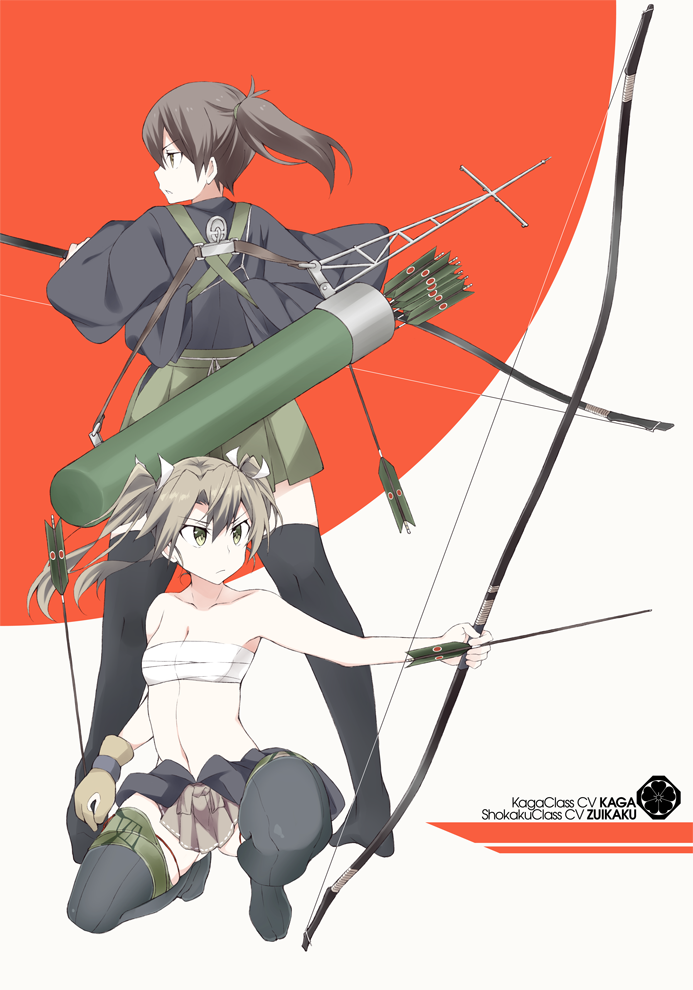 2girls arrow bare_shoulders black_legwear bow_(weapon) breasts brown_eyes brown_hair brown_skirt character_name cleavage collarbone full_body gloves green_eyes green_hair green_skirt holding holding_arrow holding_bow_(weapon) holding_weapon japanese_clothes kaga_(kantai_collection) kantai_collection kneeling long_hair multiple_girls no_shoes partly_fingerless_gloves pleated_skirt quiver sarashi side_ponytail skirt small_breasts souji thigh-highs twintails weapon yugake yumi_(bow) zuikaku_(kantai_collection)