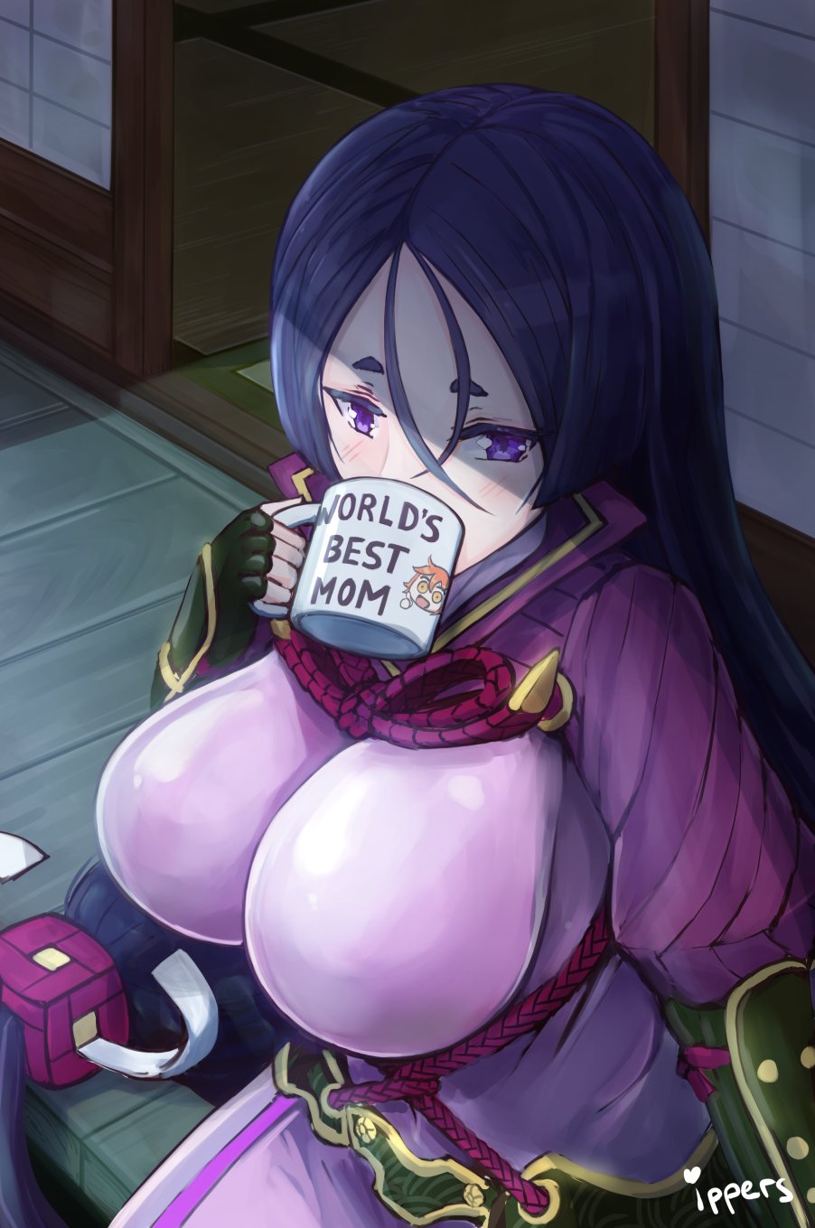 1girl bangs black_gloves blush bodysuit breasts commentary covered_navel cup curvy door drinking_glass english_commentary fate/grand_order fate_(series) fingerless_gloves gloves highres holding holding_cup holding_drinking_glass huge_breasts ippers loincloth long_hair low-tied_long_hair minamoto_no_raikou_(fate/grand_order) motherly outdoors parted_bangs purple_bodysuit purple_hair ribbed_sleeves rope sitting tabard very_long_hair violet_eyes