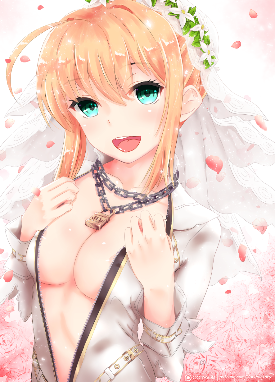 1girl :d ahoge bilibala blonde_hair bodysuit breasts bridal_veil chains cleavage collarbone eyebrows_visible_through_hair fate/extra fate/extra_ccc fate_(series) flower green_eyes hair_between_eyes head_wreath highres looking_at_viewer medium_breasts nero_claudius_(bride)_(fate) nero_claudius_(fate)_(all) open_mouth patreon_logo petals saber_extra short_hair_with_long_locks sidelocks smile solo unzipped upper_body veil white_background white_bodysuit white_flower
