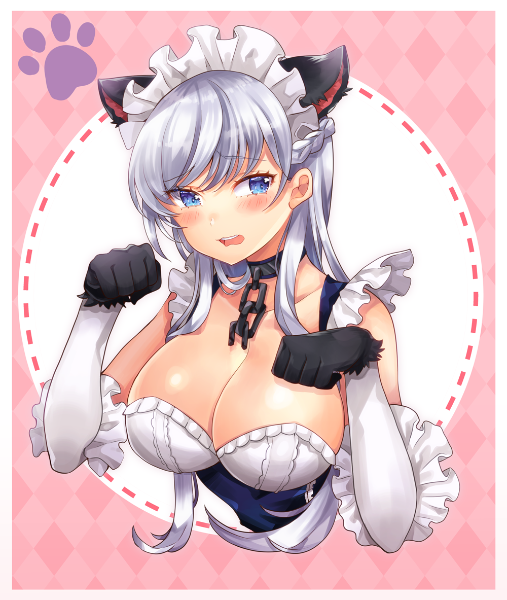 1girl animal_ears argyle argyle_background azur_lane bangs bare_shoulders belfast_(azur_lane) black_gloves blue_eyes blush breasts broken broken_chain cat_ears chain chains cleavage collar commentary_request elbow_gloves eyebrows_visible_through_hair french_kiss frills gloves grey_hair kemonomimi_mode kiss large_breasts long_hair maid_headdress mozzarella open_mouth paw_pose paws shiny shiny_hair solo upper_body wavy_hair