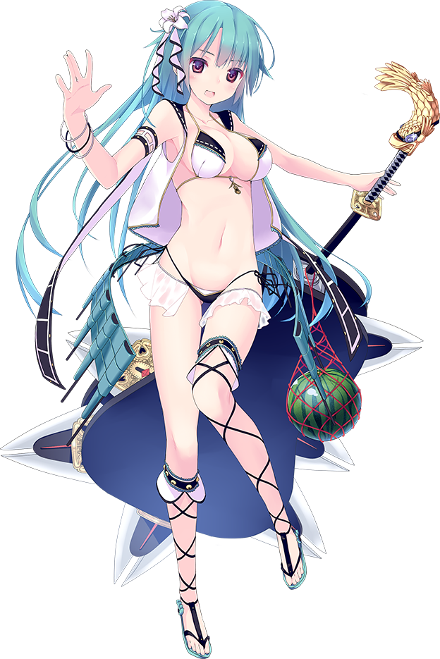 1girl :d akesaka_iku alternate_costume aqua_hair bikini breasts cleavage flower food fruit full_body hair_flower hair_ornament holding holding_weapon large_breasts looking_at_viewer midriff nagoya_(oshiro_project) navel official_art open_mouth oshiro_project oshiro_project_re sleeveless smile swimsuit transparent_background violet_eyes watermelon weapon