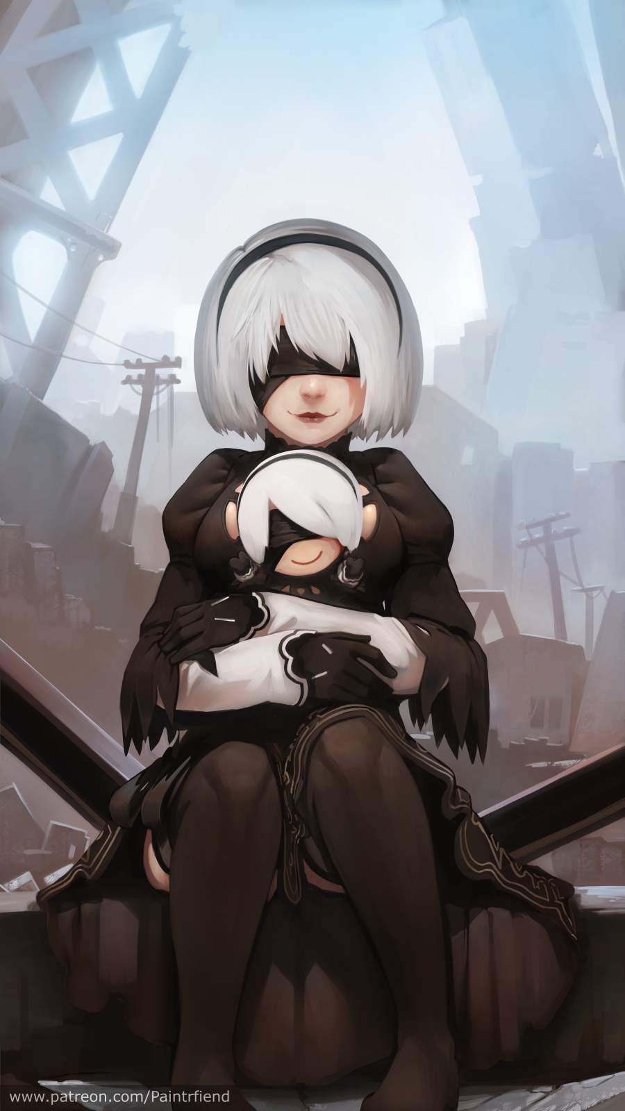 1girl black_blindfold black_dress blindfold boots character_doll dress facing_viewer feather-trimmed_sleeves hairband highres juliet_sleeves lips long_sleeves looking_at_viewer nier_(series) nier_automata paintrfiend patreon_username puffy_sleeves short_hair sitting smile solo thigh-highs thigh_boots thighhighs_under_boots watermark web_address white_hair yorha_no._2_type_b yorha_no._9_type_s
