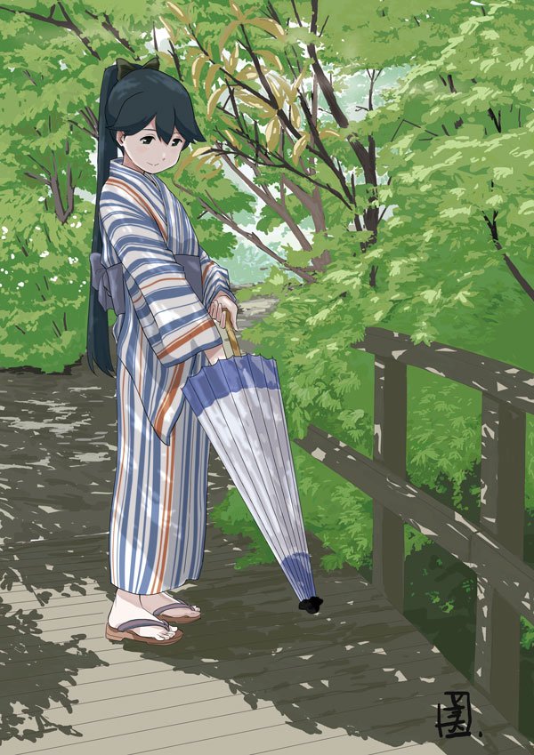 1girl black_eyes black_hair bridge closed_umbrella dappled_sunlight full_body houshou_(kantai_collection) japanese_clothes kantai_collection kimono looking_down mihama_machi ponytail sandals solo standing striped striped_kimono sunlight tree umbrella yukata