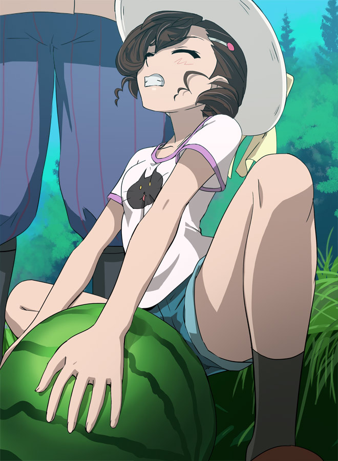 1girl blue_shorts brown_hair clenched_teeth closed_eyes food fruit gegege_no_kitarou hair_ornament hairclip haruyama_kazunori hat inuyama_mana outdoors shirt short_hair short_ponytail short_sleeves shorts side_ponytail socks solo_focus squatting t-shirt teeth watermelon white_hat white_shirt