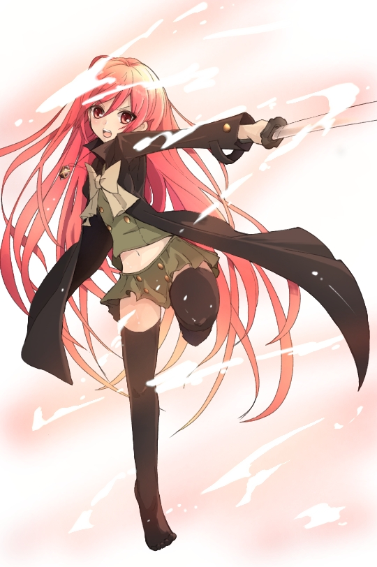 1girl alastor_(shakugan_no_shana) black_cape black_legwear bow cape floating_hair full_body grey_bow grey_neckwear hair_between_eyes holding holding_sword holding_weapon jewelry katana leg_up long_hair looking_at_viewer midriff miniskirt navel necklace open_mouth outstretched_arm pleated_skirt red_eyes redhead school_uniform shakugan_no_shana shana shirt skirt solo standing standing_on_one_leg stomach sword thigh-highs very_long_hair weapon white_background