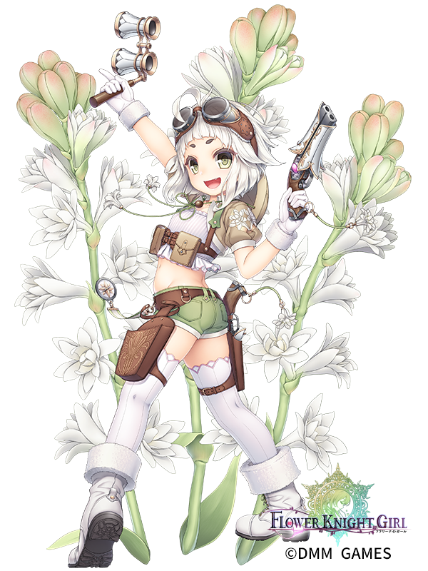 1girl :d ahoge ass boots company_name copyright_name dual_wielding flower flower_knight_girl full_body gloves goggles goggles_on_head green_eyes green_shorts gun holding looking_at_viewer object_namesake official_art open_mouth short_hair shorts simple_background smile solo standing thigh-highs tuberose_(flower_knight_girl) weapon white_background white_footwear white_gloves white_hair white_legwear yuru