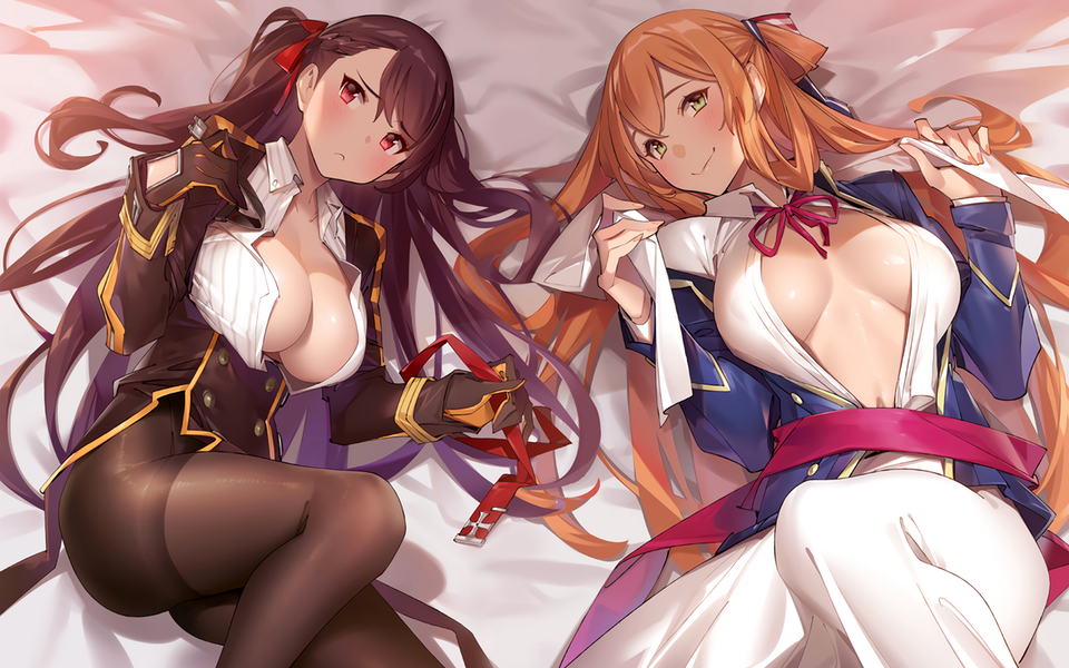 2girls bed bed_sheet blush breasts cropped girls_frontline gloves hair_ribbon m1903_springfield_(girls_frontline) military military_uniform multiple_girls open_clothes open_shirt pantyhose pop_kyun ribbon uniform wa2000_(girls_frontline)