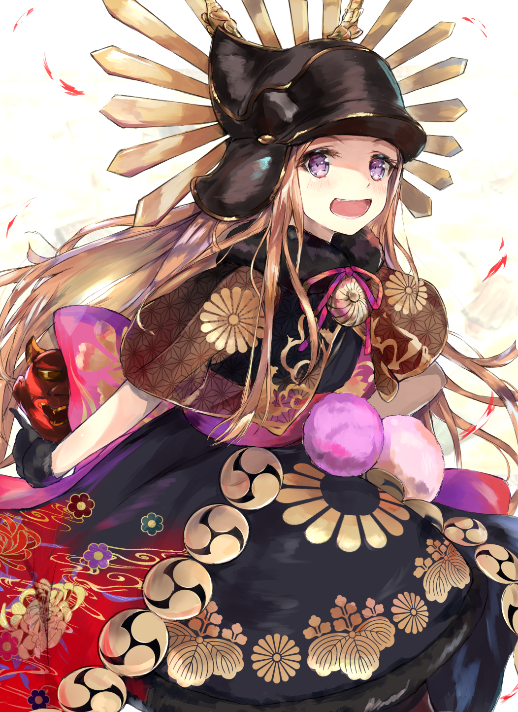 1girl :d asa_no_ha_(pattern) black_dress black_gloves black_hat blush brown_capelet brown_hair capelet chacha_(fate/grand_order) commentary_request dress fate/grand_order fate_(series) floral_print fur_collar gloves hanagin hat highres long_hair looking_at_viewer open_mouth print_dress see-through smile solo very_long_hair violet_eyes