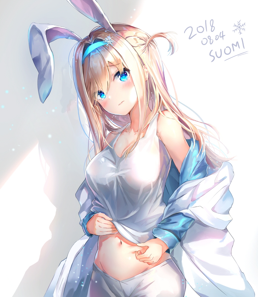 1girl 3: animal_ears bangs belly_grab blonde_hair blue_eyes blush breasts character_name cleavage closed_mouth coat collarbone cowboy_shot dana_(hapong07) dated eyebrows_visible_through_hair frown girls_frontline groin hair_between_eyes hair_ornament hairband highres lifted_by_self long_hair looking_at_viewer medium_breasts navel off_shoulder one_side_up pants rabbit_ears sidelocks snowflake_hair_ornament solo stomach suomi_kp31_(girls_frontline) tank_top tank_top_lift tearing_up white_pants white_tank_top