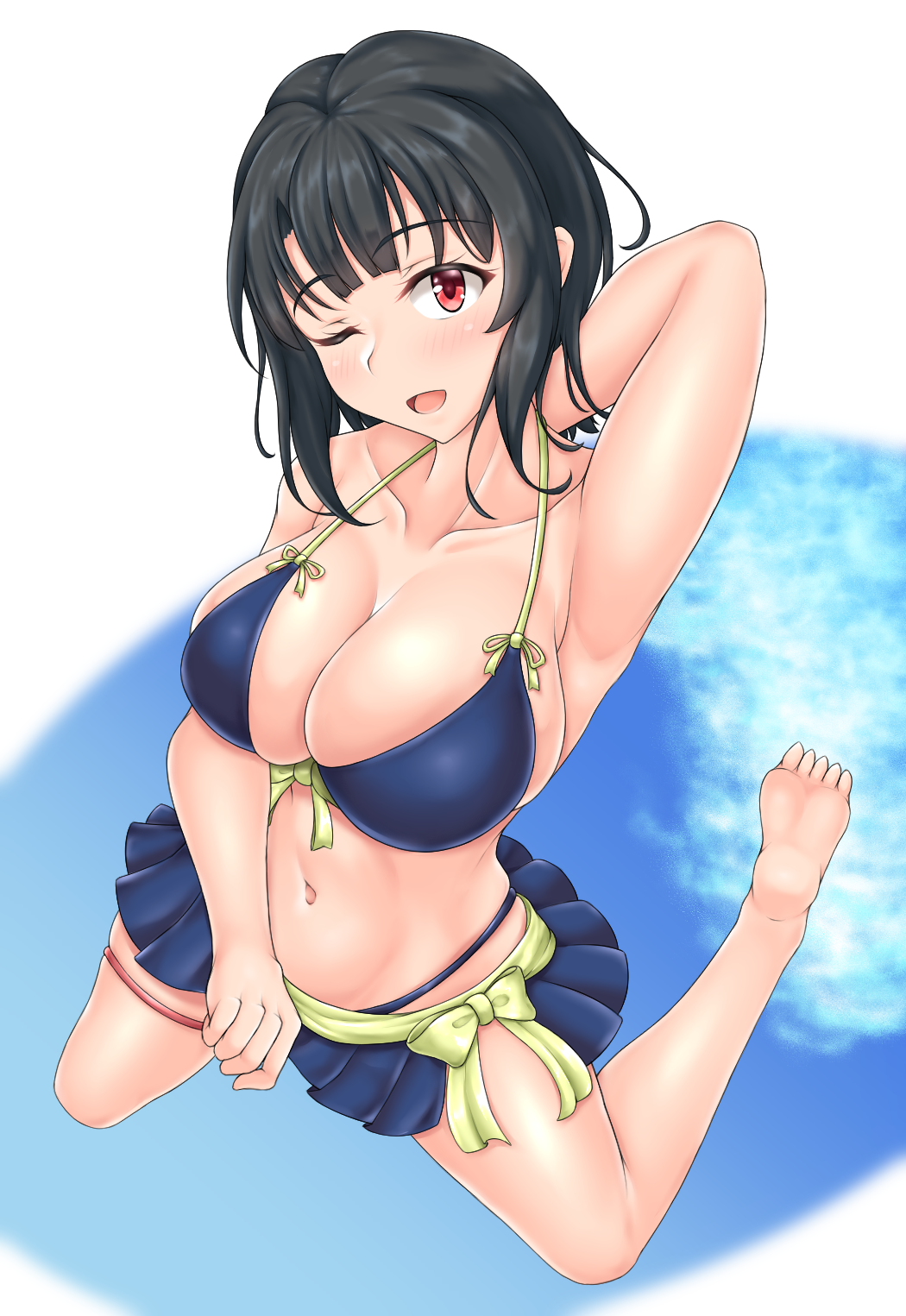 1girl arm_behind_back armpits barefoot bikini bikini_skirt black_hair blue_bikini blush breasts cleavage collarbone from_above front-tie_bikini front-tie_top halterneck hiballista highres kantai_collection kneeling large_breasts looking_at_viewer looking_up navel one_eye_closed open_mouth red_eyes short_hair skindentation soles solo swimsuit takao_(kantai_collection)