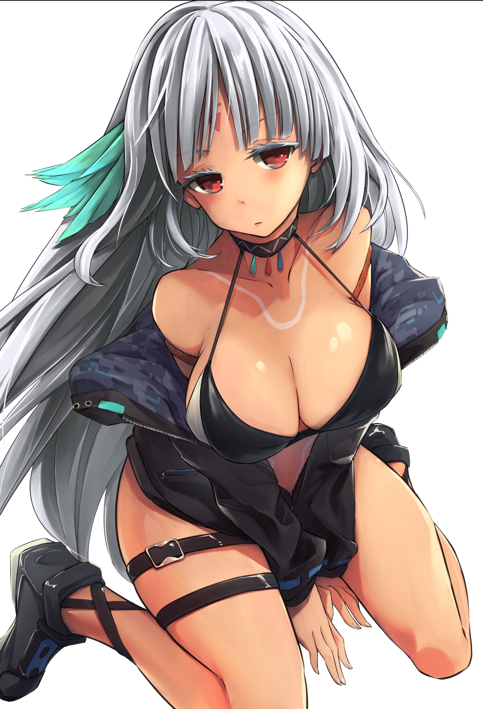 1girl azur_lane bare_shoulders between_legs bikini_top black_bikini_top black_choker black_footwear black_jacket breasts choker cleavage closed_mouth collarbone colored_eyelashes dark_skin eyelashes facial_mark feathers forehead_mark hair_feathers halter_top halterneck hand_between_legs highres jacket kaede_momiji large_breasts long_sleeves looking_at_viewer massachusetts_(azur_lane) native_american open_clothes open_jacket red_eyes silver_hair simple_background solo thigh_strap thighs v_arms white_background